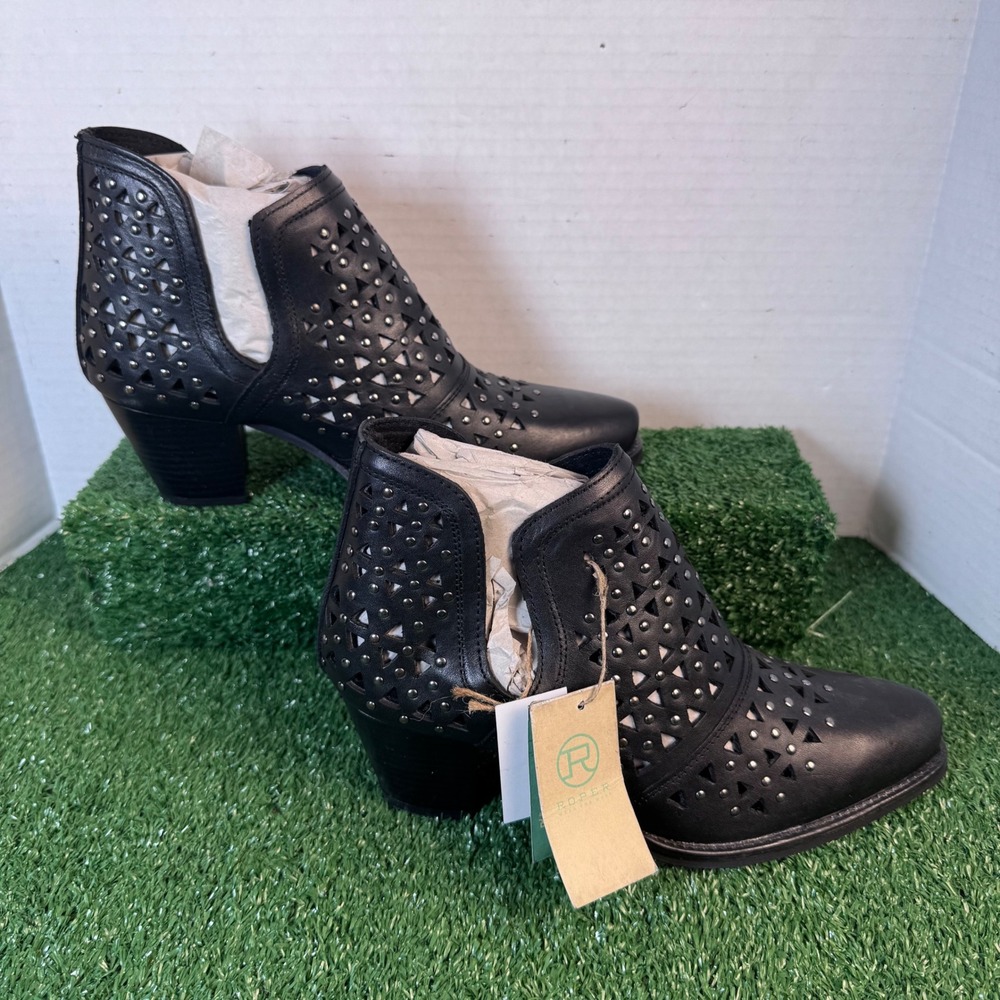 Roper Womens Black Leather Studded Laser Cut Western Ankle Boots 8.5 09-021-0981